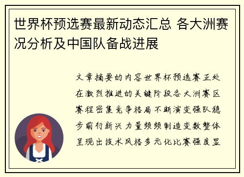 世界杯预选赛最新动态汇总 各大洲赛况分析及中国队备战进展